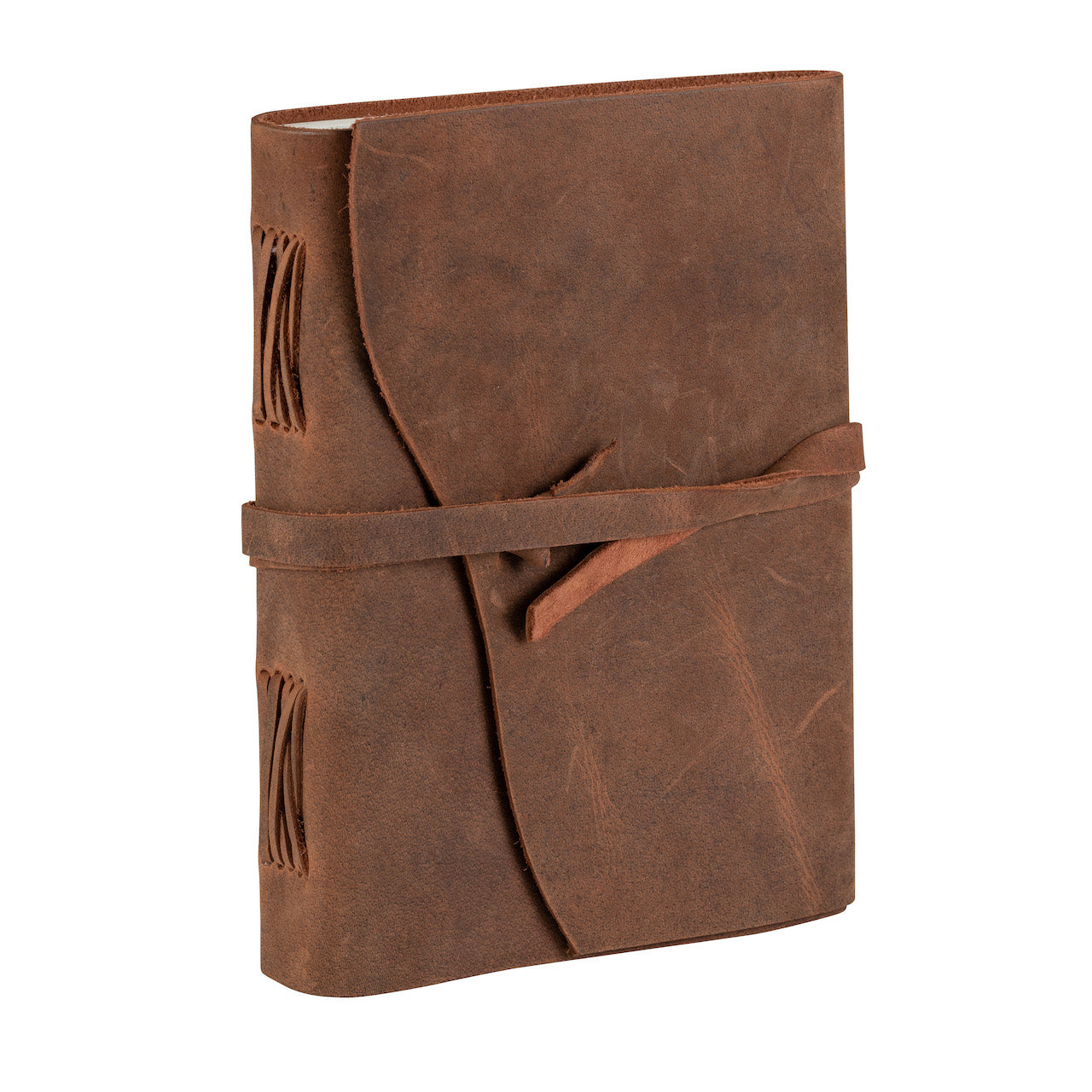 Tuk Tuk Press Antique Light Tan Buffalo Leather Journal. Journal has a full strap and is closed.