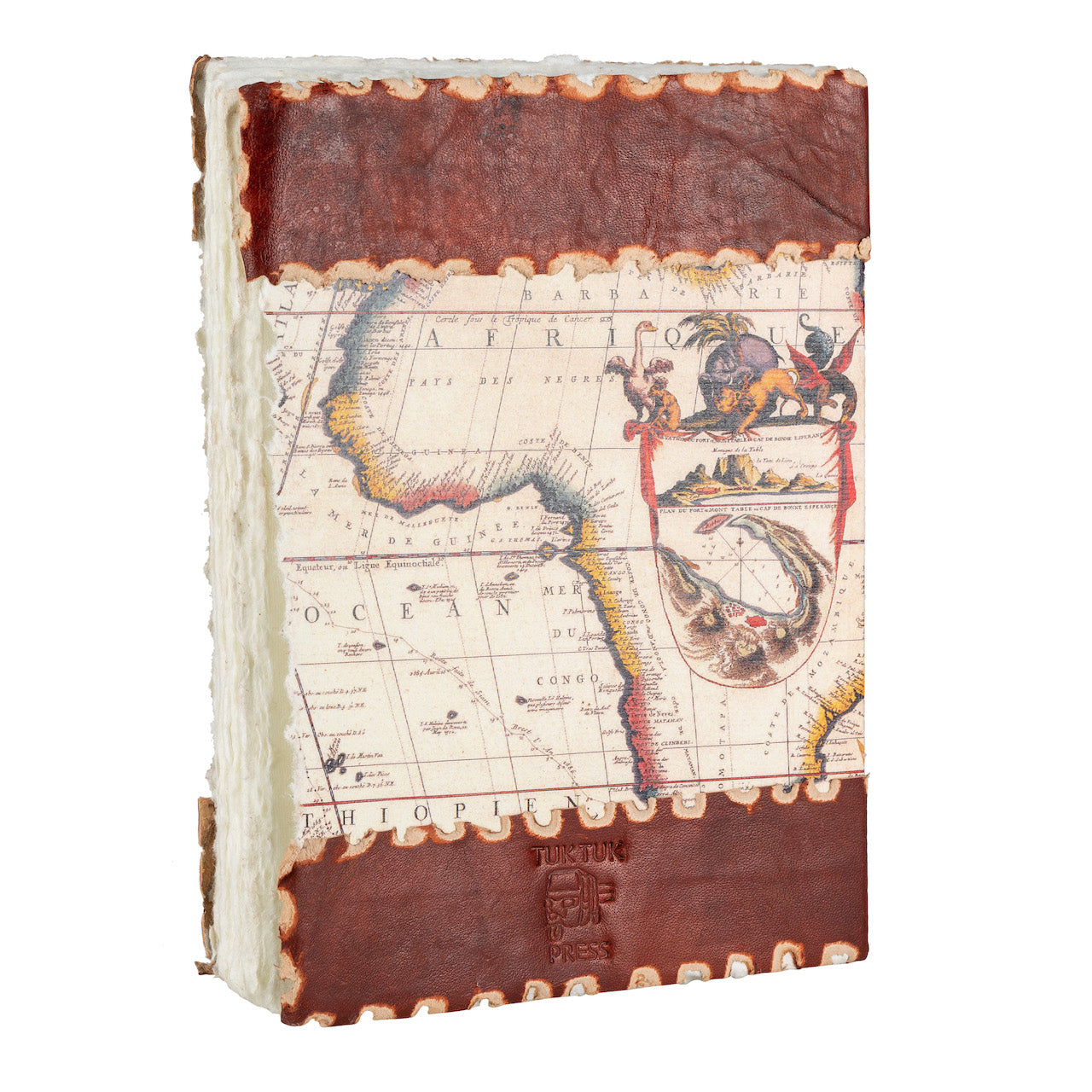 Tuk Tuk Press® Handmade Leather Journal with 144 Hand Pulled Cotton Pages, Vintage World Map